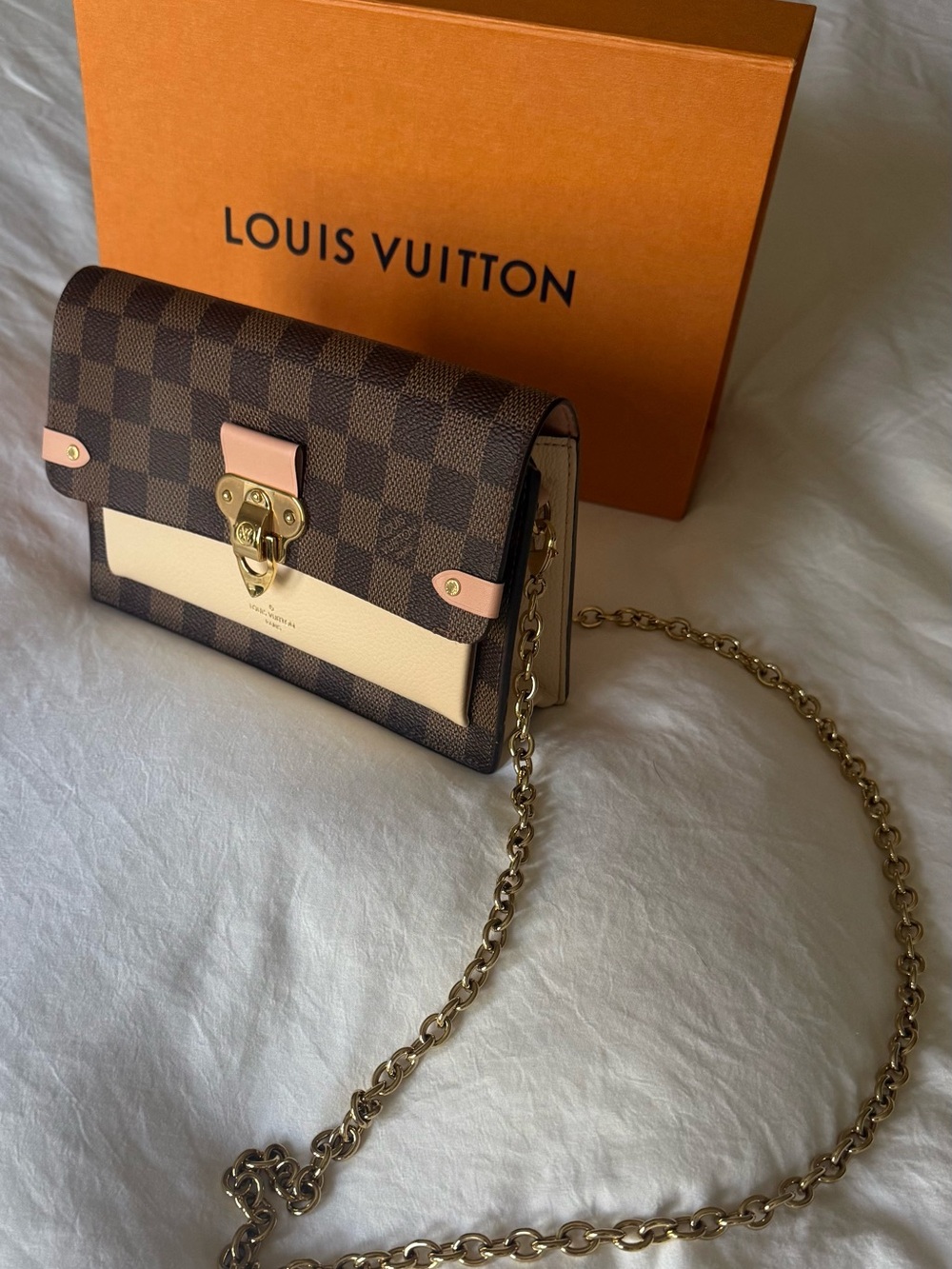 Louis Vuitton Brown Damier Canvas Crossbody with Cream and Pink Accents